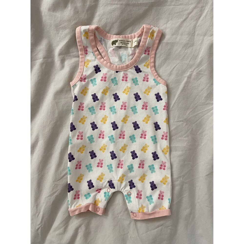 EUC Monica +Andy Gummy Bear Romper (0-3 Months)